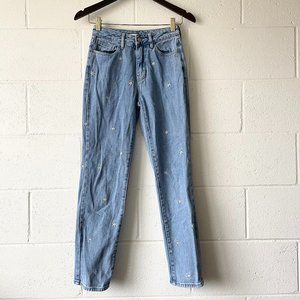 Pacsun Floral Daisy Embroidered Light Wash Denim Mom Jeans Women's Waist 23